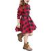 Girls Casual Dress Belt Long Sleeve Buffalo Check Black White Red Plaid Dresses For Kid A Line Dress