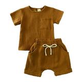 Toddler Kids Baby Boy Girl Solid Pullover Short Sleeve Cotton Linen Sweatshirt T Shirt Crewneck Tops Shorts Set Clothes Baby Outfits