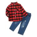 Brand Baby Clothes Kids Toddler Baby Boys Shirt Jacket Plaid Letter Long Sleeve Coat Outwear Jeans Pants Outfit Set 2PCS Clothes