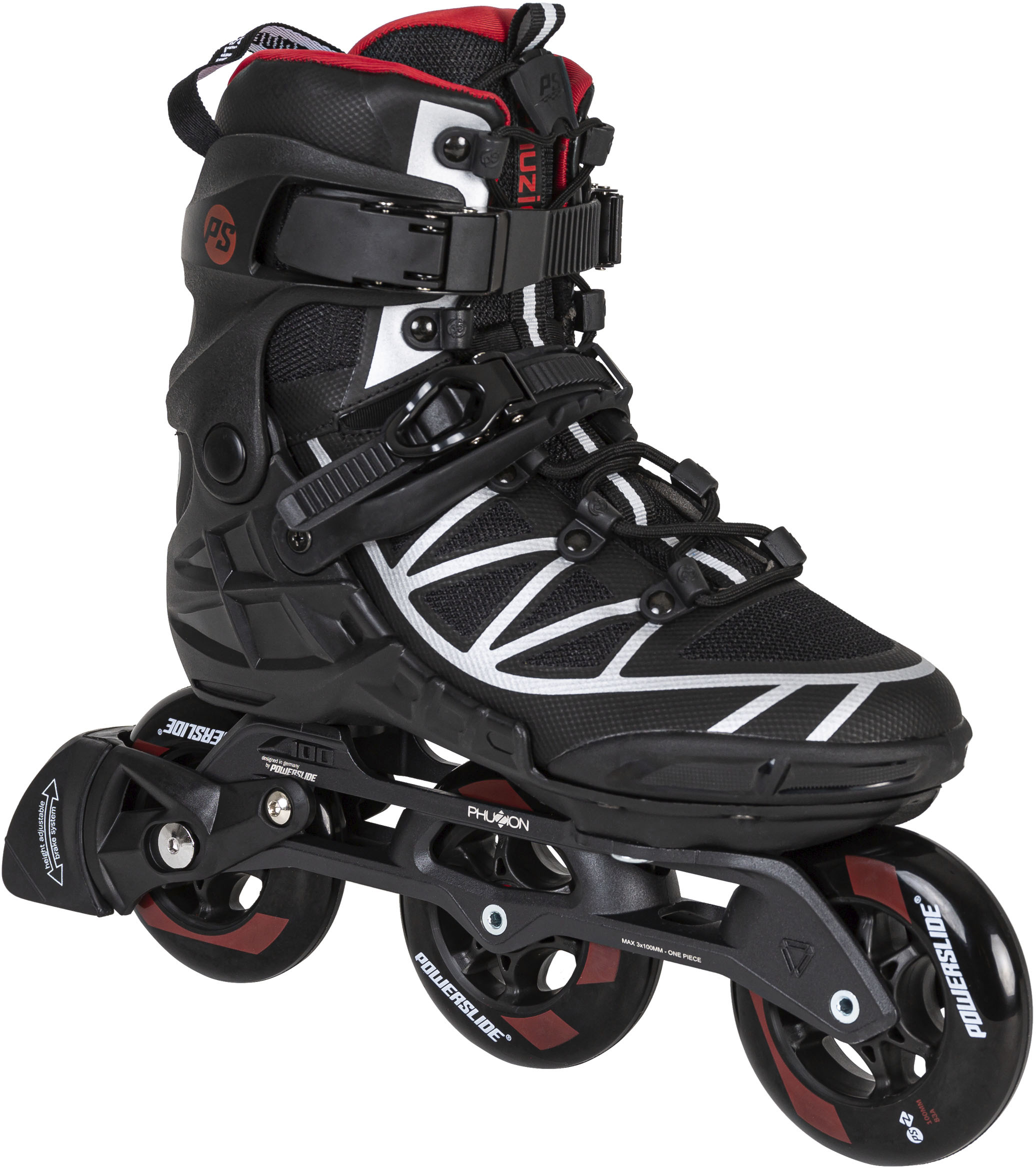 Inlineskates POWERSLIDE "Phuzion Argon Scarlet 100" Gr. 41, bunt (schwarz, silberfarben, rot), Inlineskates_Rollschuhe, 41 (bis 100), Kunstfaser Image