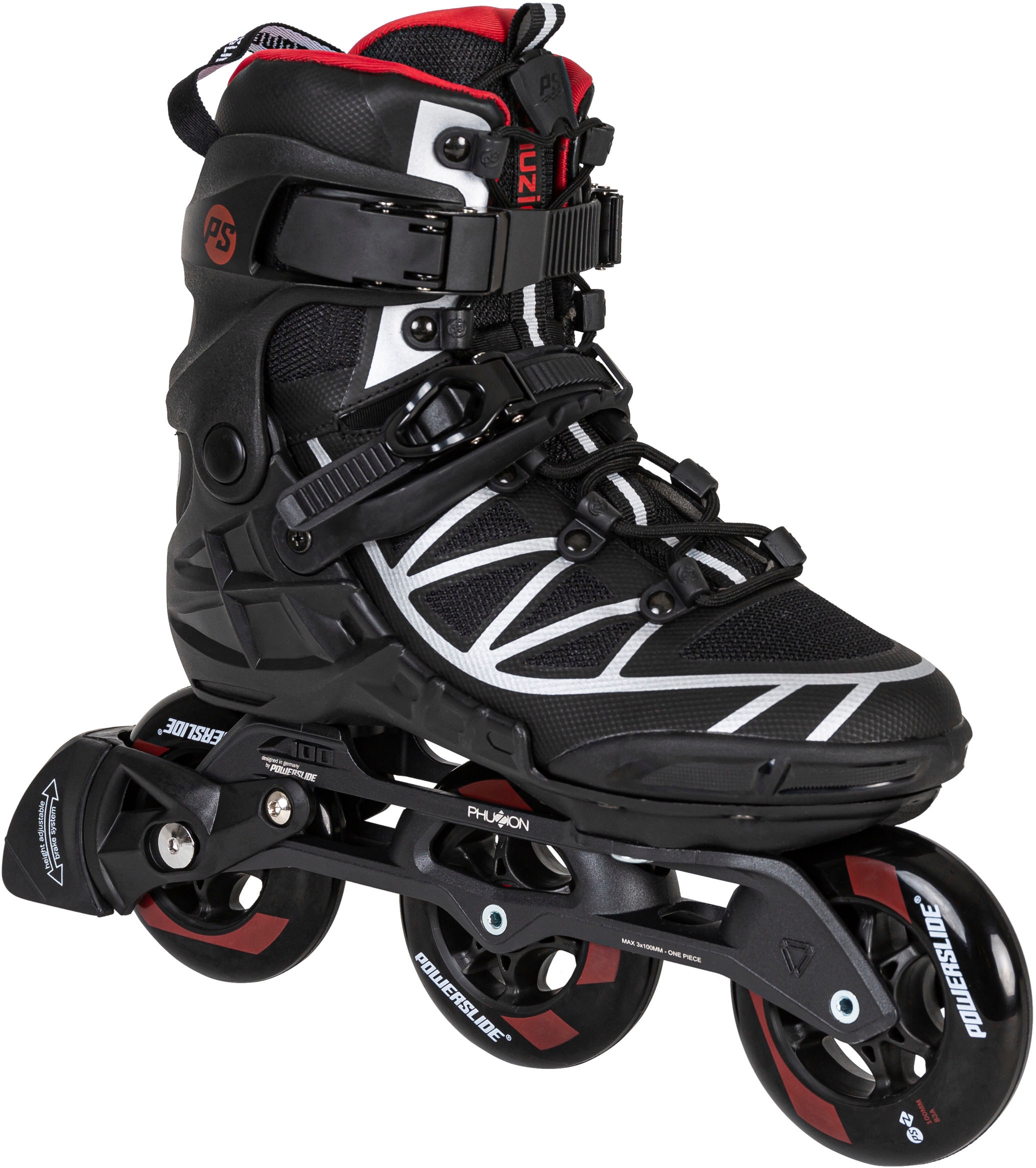 Inlineskates POWERSLIDE "Phuzion Argon Scarlet 100" Gr. 42, bunt (schwarz, silberfarben, rot), Inlineskates_Rollschuhe, Kinder, 42 (bis 100 kg), Kunstfaser