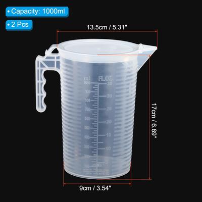 Graduated Beaker, 2 Pack 1000ml PP Plastic Cup Double Sided Black Graduations - Transparent