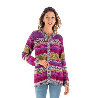 Empire Memories in Ruby,'Handwoven Fuchsia Alpaca Blend Cardigan with Inca Motifs'