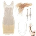 BABEYOND Damen Flapper Kleider 1920er Jahre V-Ausschnitt Perlen Fransen Great Gatsby Kleid, Set - Beige, L