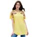 Plus Size Women's Embellished Tunic with Side Slits by Roaman's in Lemon Mist Floral Embellishment (Size 34/36) Long Shirt