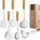 Large Silicone Cooking Utensils - Heat Resistant Kitchen Utensil Set with Wooden Handles, Spatula,Turner, Slotted Spoon, Pasta server, Kitchen Gadgets Tools Sets for Non-Stick Cookware (White)