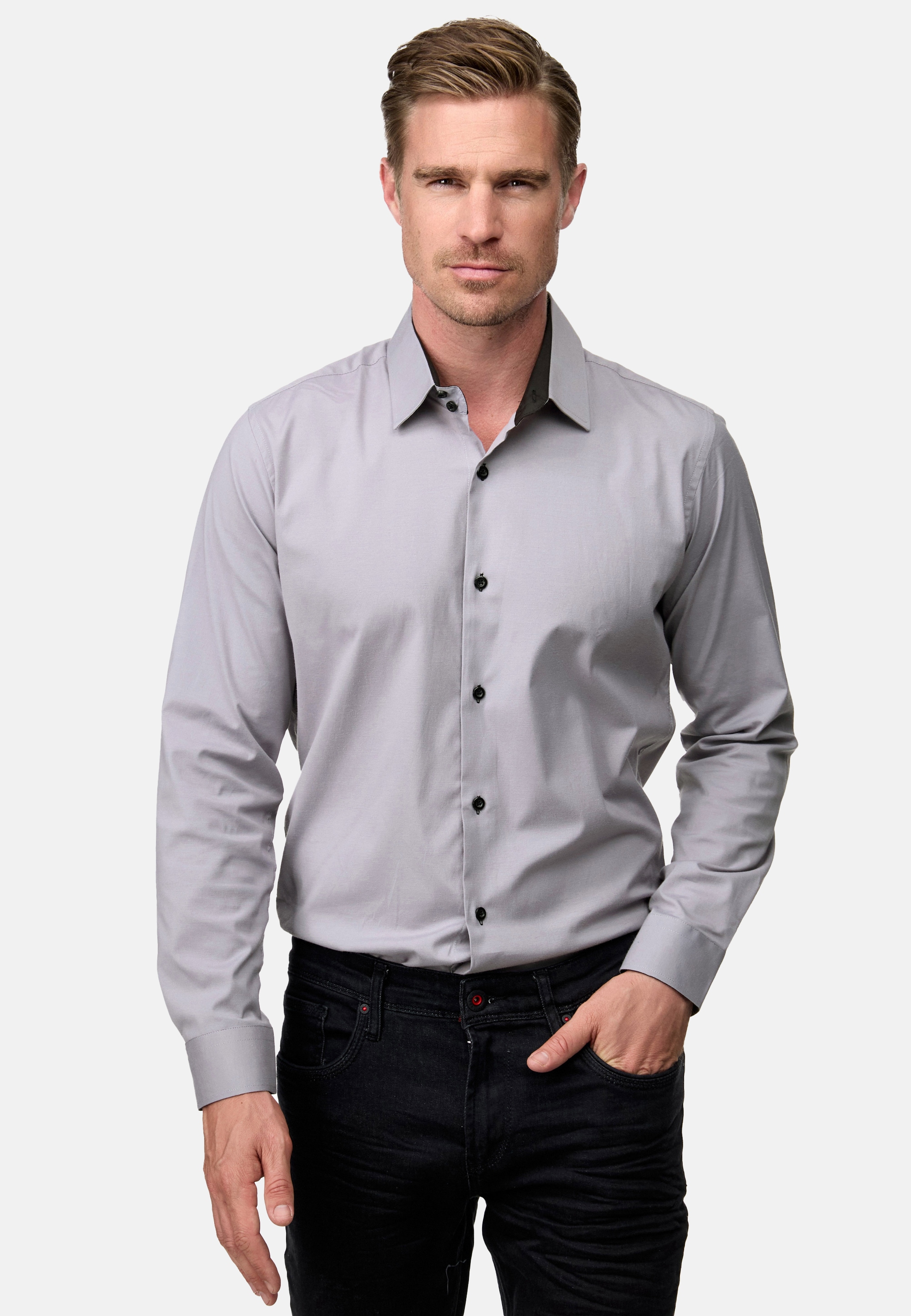 Langarmhemd RUSTY NEAL, Herren, Gr. M, EURO-Größen, grau, 60% Baumwolle, 37% Polyester, 3% Elasthan, unifarben, Hemden, mit trendigem Farbkontrast Image