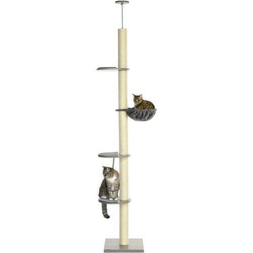Kratzbaum mit Hängematte, inkl. Deckenspanner, Deckenhoch, 40 cm x 40 m x 250 cm, Grau + Cremeweiß
