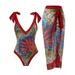 BERANMEY Women s Tropical Print One Piece Swimsuit with Cover up Beach Skirt Sarong Two Piece Floral Printed V Neck Tummy Control High Cut Monokini Swimsuit Bathing Suit Women s Swimwear & Clothing