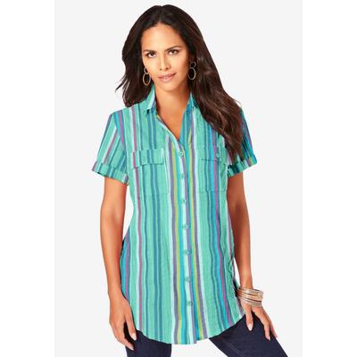 Plus Size Women's Seersucker Shirt by Roaman's in Jade Seersucker Stripe (Size 32 W)