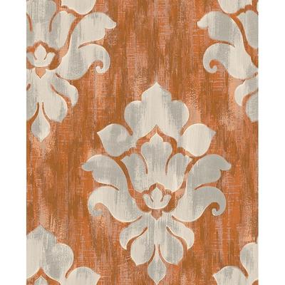 Corsica Damask Wallpaper, In Rust & Light Gray