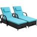 Dextrus 2 Pcs Outdoor Chaise Lounge Storage Chair Rattan Wicker Patio Pool Lounger with Adjustable Backrest Arm Cushion Pillow and Wheel for Poolside Backyard Porch Garden Beach