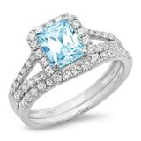 1.57ct Emerald Cut Blue Simulated Diamond Gem Real 14k White Gold Customizable Laser Engraving Halo Everlasting Unique Art Deco Statement Wedding Anniversary Engagement Bridal Ring Band Set Size 8.5