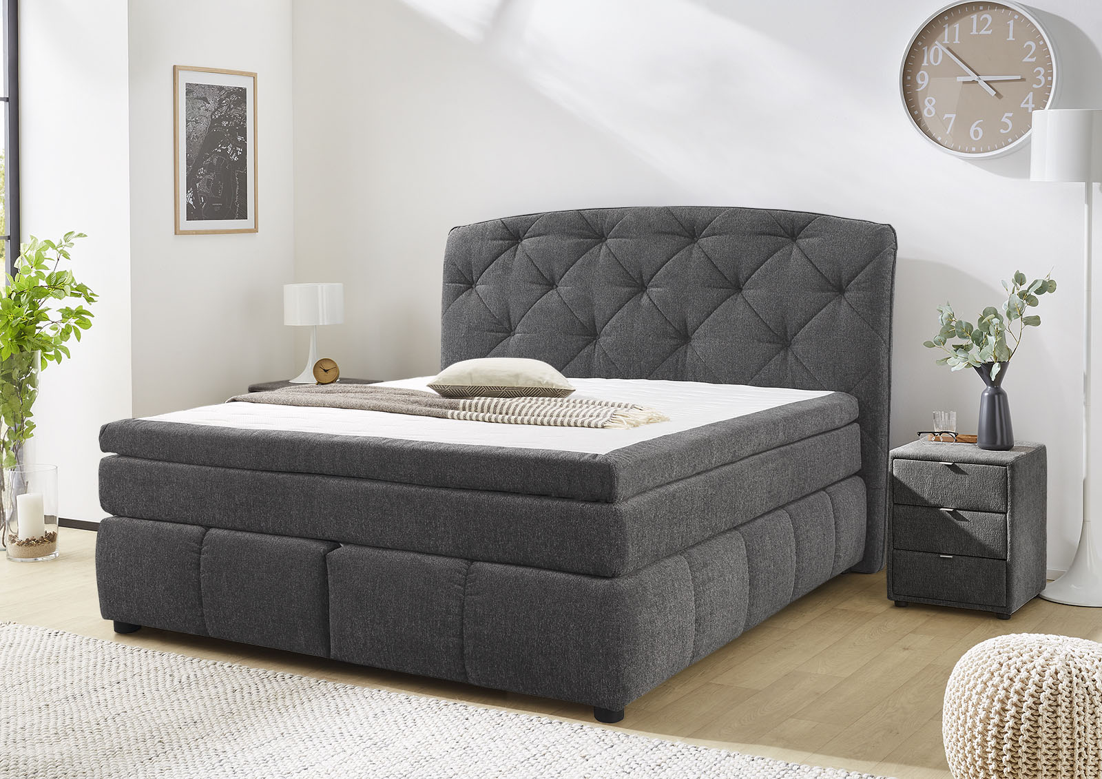 Boxspringbett JOCKENHÖFER GRUPPE "Mila erhältlich in der Größe 180x200cm", grau (dunkelgrau 444, 09), B:197cm L:221cm, Bezug Bett: Microfaser (100% Polyester);Topper und Matratzenspiegel: 100% Polyester, Komplettbetten, Boxspringbett,... Image