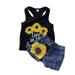 ZHAGHMIN Girls Outfits Size 6 Sunflower Children S Clothes Summer Girls Printed Vest Denim Shorts Suit Tops Floral Suspenders Shorts Headbands Outfits New Born Girls Clothes Summer Outfits for Girls
