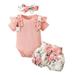 Girls Ruffles Short Sleeve Ribbed Romper Bodysuits Bowknot Floral Printed Shorts Headbands Outfits Baby Autumn Clothes Girl