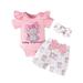 Baby Girls Short Sleeve Letter Romper Tops Cartoon Print Bowknot Shorts Pants With Headbands 3PCS Set New Photo Prop Crib