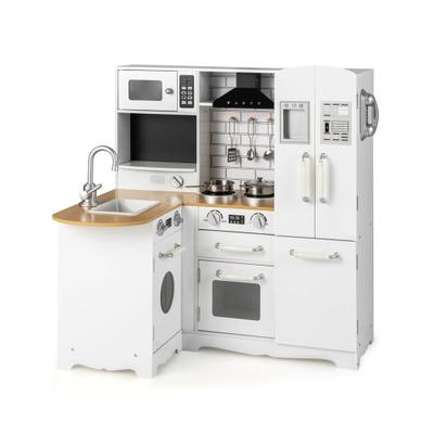 Costway Wooden Kid's Corner Kitchen Playset with Stove for Toddlers-Natural & White