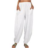 Mrat Pants with Pockets Full Length Pants Fashion Women Summer Casual Loose Cotton And Linen Pocket Solid Trousers Pants Ladies Athletic Pants White M