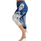 Mrat Womens Pants Dressy Casual Capris Yoga Pants Fashion Ladies Plus Size Lace Printed Splice Elastic Waist Casual Leggings Pants Yoga Pants Dark Blue XXXL