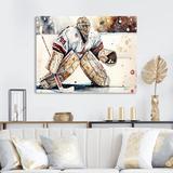 Red Barrel Studio® Hockey Goalie on Ice During Game III - Graphic Art on Canvas Metal in Red/White/Yellow | 24 H x 32 W x 1 D in | Wayfair