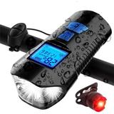 FASLMH 4-in-1 Rechargeable Bicycle LED Light with Speedometer Bell; Tail Light