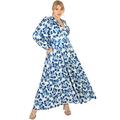 Lovedrobe Damen Womens Dress Plus Size Ladies V Neckline Maxi Long Sleeve Length Tie Belt Bishop Flower Pattern for Office Party Kleid, Blue, 48