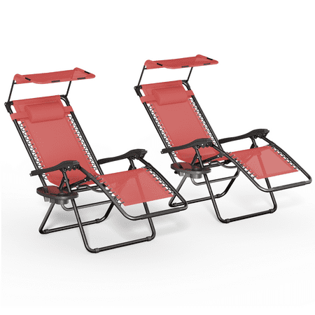 Magshion Set of 2 Folding Zero Gravity Outdoor Recliner Patio Lounge Chair with Adjustable Canopy Shade and Cup Holder 330lbs Weight Capacity Maroon