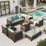 Sophia & William 7 Pieces Wicker Patio Furniture Set 9-Seat Outdoor Conversation Set with Fire Pit Table Blue