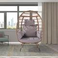 Rattan Egg Chair Outdoor Indoor Lounge Chair with Stand and Comfy Cushions Egg Basket Chair PE Rattan Chair with Iron Frame for Patio Backyard Porch Weight Capacity 240 LBS Wood+Light Grey