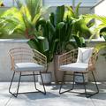 BizChair Set of 2 Indoor/Outdoor Patio Boho Club Chairs Rope with Natural PE Wicker Rattan Light Gray Cushions and Sled Base