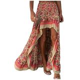 iOPQO skirts for women Women Boho Floral Print High Low Side Split Ruffle Hem Swing Maxi Long Skirt Skirt Red M