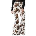 Women Pants Fashion Casual High Waist Cow Printed Trousers Leg Flared Wide Jeans Button Pocket Jeans For Golf Lounge Work