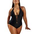 KaLI_store Swimsuit Women Women One Piece Swimsuit High Neck Plunge Mesh Ruched Monokini Swimwear Black L