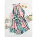 Sleeveless Girls Tropical Print Belted Halter Jumpsuit Romper S221904X Multicolor 7Y(48IN)