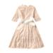 Penkiiy Toddler Girls Lace Princess Dress Round Neck Bow Lacing Hollow Embroidery Children s Dress Tutu Dresses for Toddler Girls 5-6 Years Beige On Sale