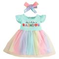 TAIAOJING Toddler Baby Girls Dress Girls Summer Little Flying Sleeve Letter Print Multilayer Rainbow Mesh Cute Fluffy Princess Dresses