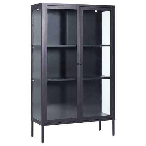 Büroschrank schwarz aus Stahl 90 x 35 x 150 cm, 2 Türen, Glasfront und -seiten, Vitrine