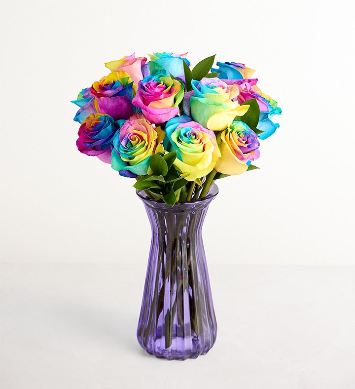 1-800-Flowers Flower Delivery Rainbow Roses 12 Stems W/ Purple Vase