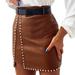 iOPQO skirts for women Women Leather Skirts Studded Decor High Waist Mini Skirt A Line Slit Mini PU Skirt Streetwear Skirt Brown M