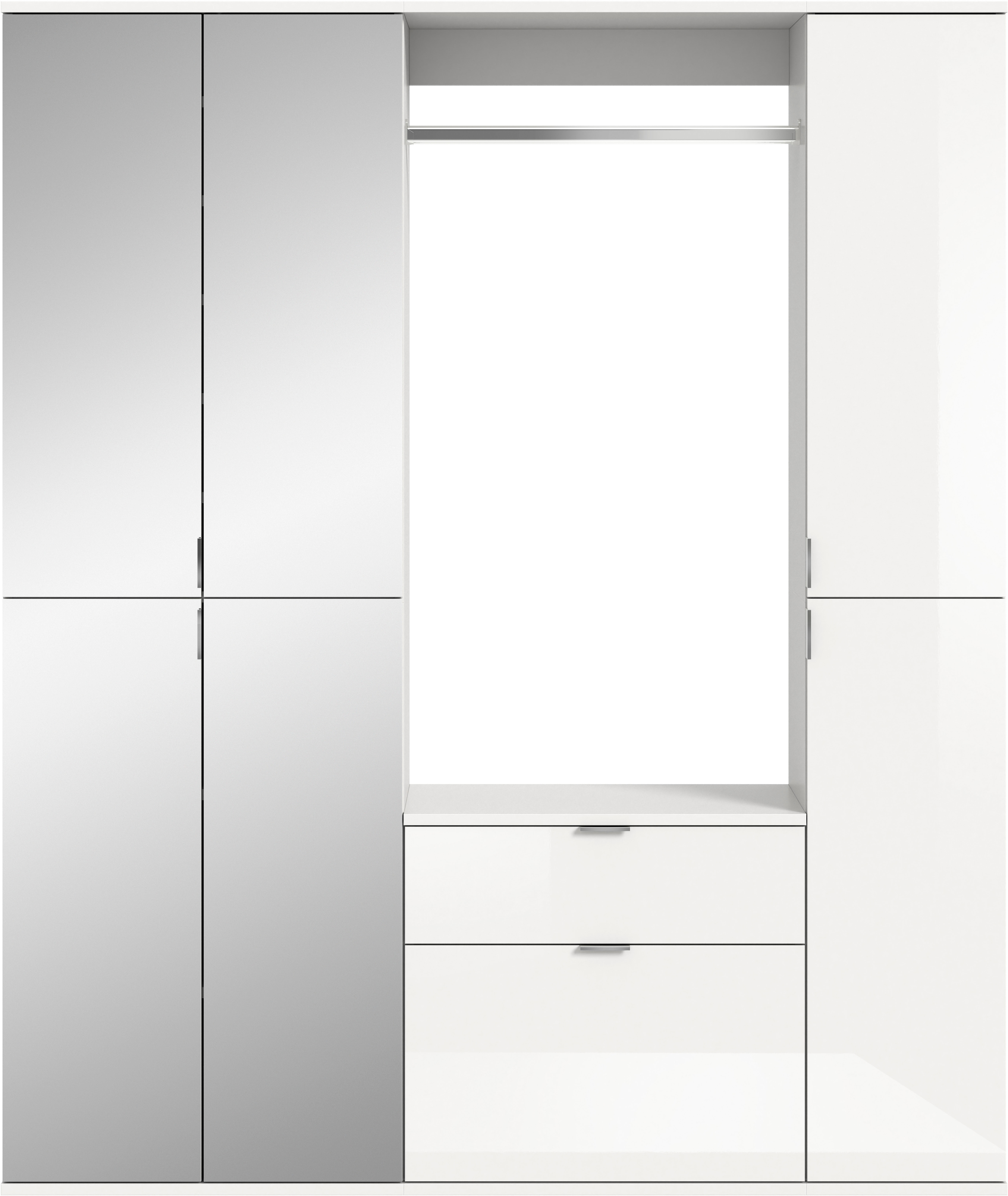 Garderoben-Set INOSIGN "Trondheim, Breite 152 cm, 5-teilig, bestehend aus:", weiß (weiß nb, weiß hochglanz, spiegelglas), B:152cm H:193cm T:34cm, Kastenmöbel-Sets, 2x Garderobenschrank, 1 Kommode, 1 Garderobenstange, 1 Ablageboden