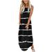 iOPQO casual dresses for women Summer Dresses Womens Casual Sleeveless Round Neck Swing Summer Dress Flowing Tank Long Dresses Maxi Dress Beach Dress Stripe Vest Loose Dress Black L