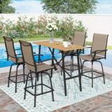 Sophia & William 5 Piece Patio Outdoor Bar Set Height Teak Wood Table and Swivel Chairs Metal Furniture Set Brown