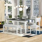 Classic and Traditional Style 6 - Piece Dining Set Includes Dining Table 4 Upholstered Chairs & Bench (White+Gray)