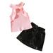 Cute Girls Outfits Toddler Kids Baby Sleeveless Ribbed Ruffle T Shirt Tops Pu Leather Skirts 2Pcs Outfits Clothes Set