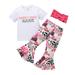 Rovga Outfits For Girls Toddler Short Sleeves Kids Cow Top Letters Prints Outfits Set Floral Bell Bottom Pants Flared Hairband Outfits Set For 3-4 Years