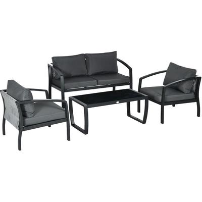 Gartenmöbel-Set für 4 Personen, 1 Glastisch, 1 Sofa, 2 Sessel, wetterbeständig, Grau +Schwarz