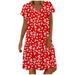 iOPQO casual dresses for women Summer Fashion Women Casual Loose Short Sleeves O-Neck Daisy Print Plus Size Dress Women s Casual Dress Red 3XL