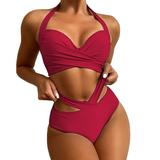 iOPQO swimsuit women Women Tow Piece Vintage Printing Swimsuit Two Piece Retro Halter Ruched Wrap Front High Waist Crop Tops+Shorts Two Piece Swimwear Halter Tankini Swimwears Tankinis Set Red L