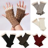 Women Fingerless Lace Gloves Soft Knitted Warm Long Mitten Wrist Warmer Winter Gift White
